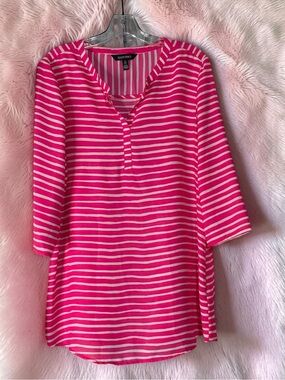 Ellen Tracy Sheer Hot Pink and White Striped Tunic Size Large